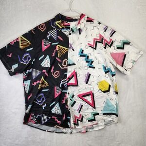 DOOPCCOR Mens 3XL Split Black White Geometric Print Short Sleeve Button Up Shirt